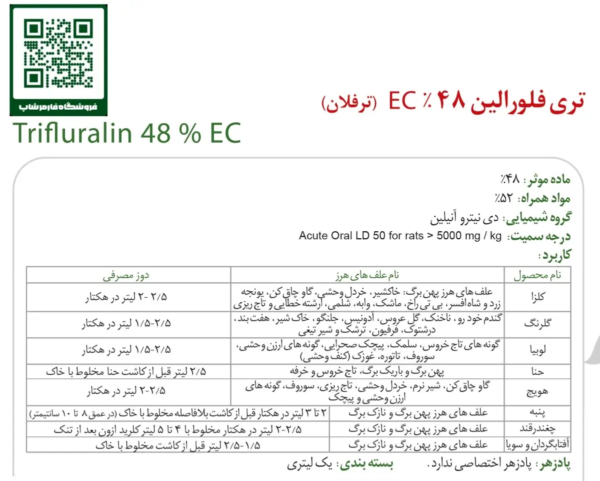 موارد و میزان مصرف علفکش تریفلورالین