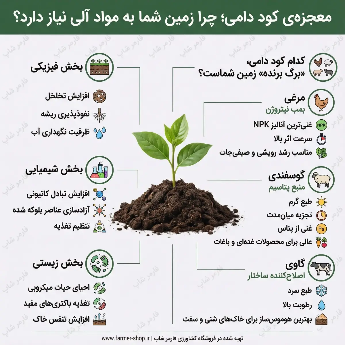 مزایای کود دامی در اصلاح ساختار فیزیکی و شیمیایی خاک کشاورزی به همراه مقایسه انواع کود دامی